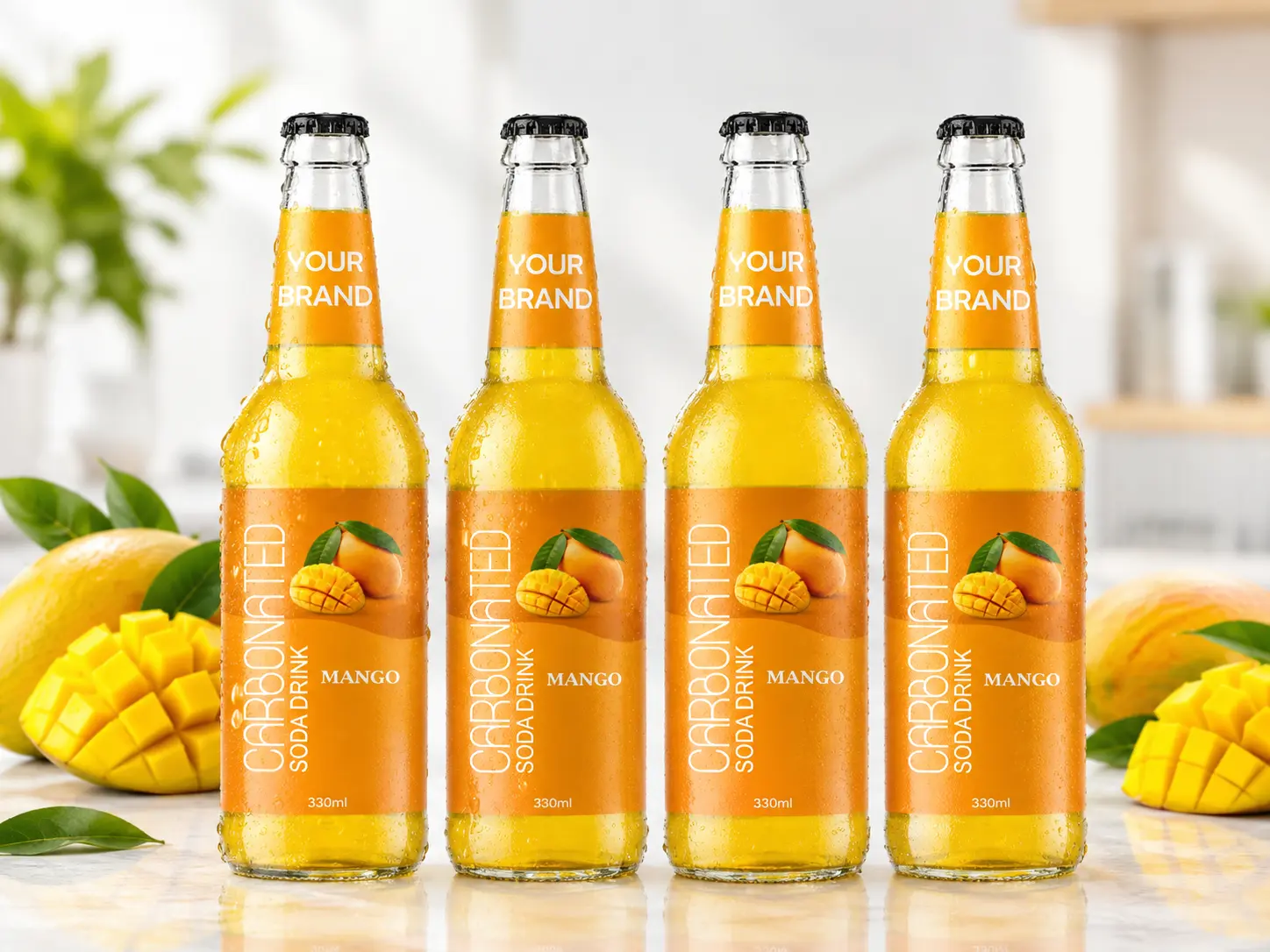 CARBONATED SODA DRINK Mango flavour in 330ml, 250ml, 275ml and 200ml glass bottles.